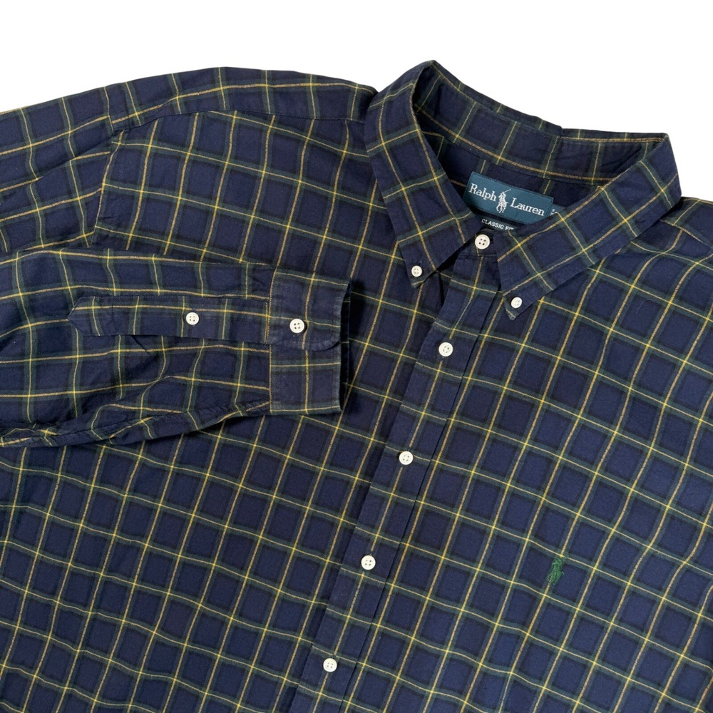 Ralph Lauren Button Down Shirt Men 4XLT Classic Fit Navy Blue Plaid Long Sleeve
